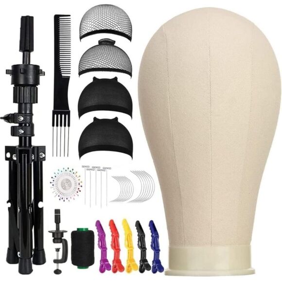 129 piece |Wig Making Black Canvas Block Head Head Comb Tripod Stand and Wig Kit - Picture 1 of 9